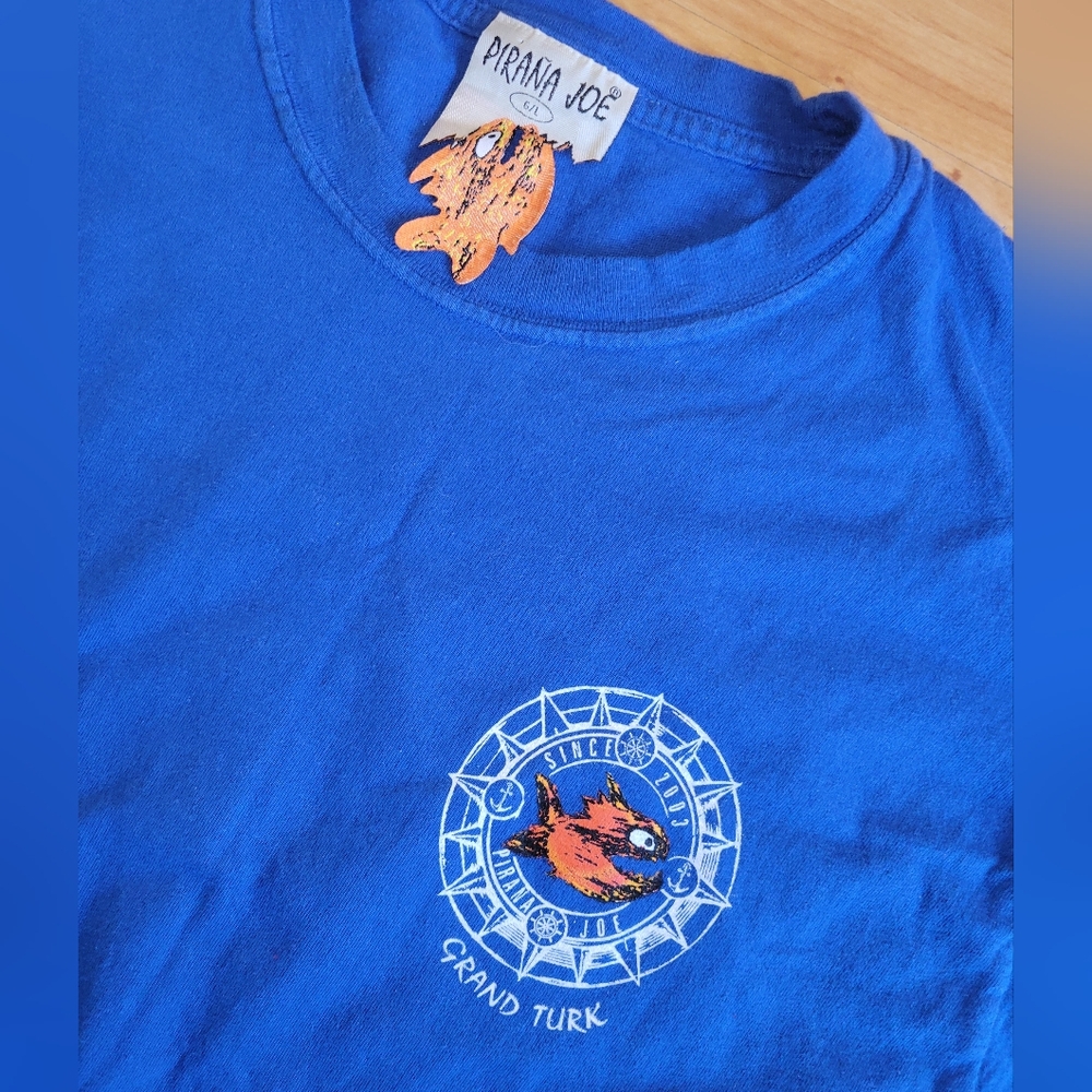 Grand Turk Vacation T-shirt, Blue Fun Quirky Fish Design From Pirana Joe, Large